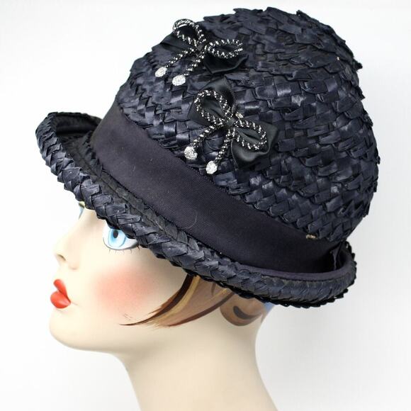 Vintage Black Woven Straw Hat Neiman Marcus with Rhinestone Bow Detail –Hey Viv main image 6